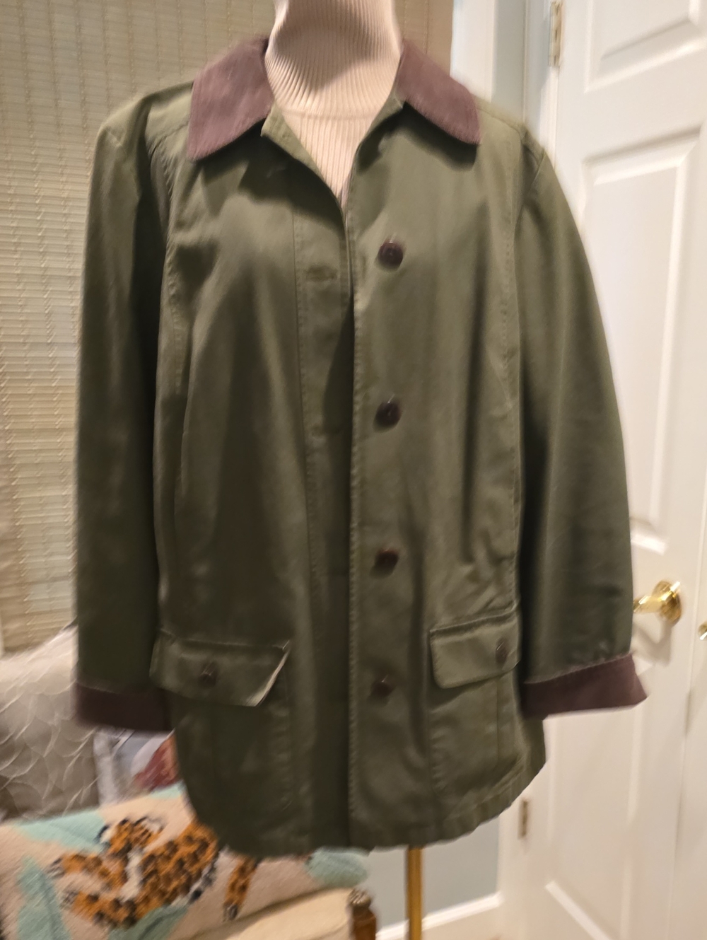 L.L. Bean Olive Green Chore Coat with Brown Corduroy Trim Mens Medium